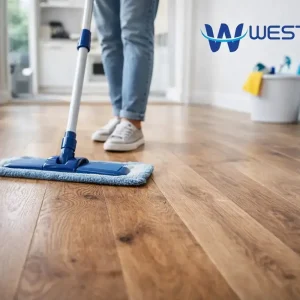 Hyper-realistic modern interior with a microfiber mop cleaning a real timber floor using a low-moisture method