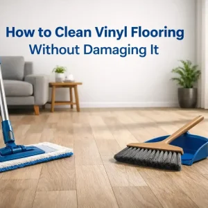 Professional blog thumbnail showing a clean vinyl floor, microfiber mop, and soft natural lighting in a modern interior.