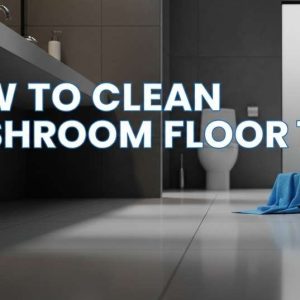 Clean washroom tile floor with modern bright setting showing cleaning tools
