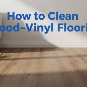 Clean modern living room with wood-look vinyl flooring and a microfiber mop beside it.