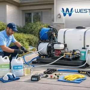 Professional technician setting up a soft wash system on site with tank, pump, hoses, spray tools, safety gear, and site protection.
