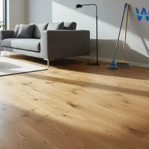 Bright modern home interior with a clean natural timber floor and subtle floor care tools nearby