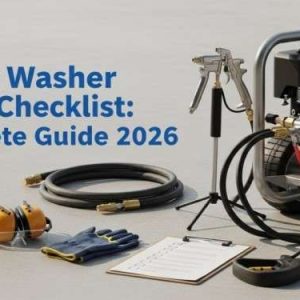 Pressure washer setup on a commercial concrete site with safety PPE and a checklist clipboard