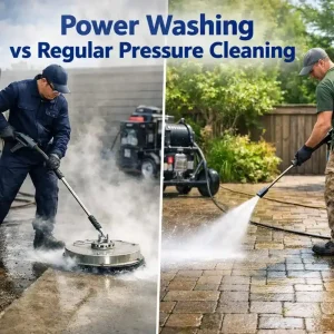 Power washing vs regular pressure cleaning comparison showing hot water steam cleaning and cold water pressure washing on outdoor surfaces.