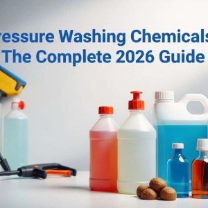 Pressure washing chemicals arranged with professional cleaning tools for an educational guide.