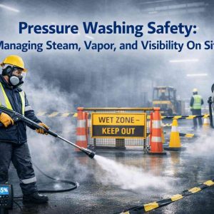 Professional pressure washing operator in an industrial warehouse managing steam and visibility hazards with PPE, directional fans, safety barriers, and clear airflow for safe on-site work.