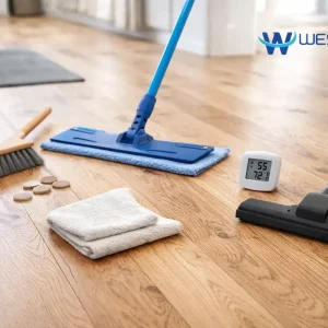 Essential wood floor care tools including microfiber mop, soft broom, felt pads, humidity monitor, and pH-neutral cleaner on a real timber floor