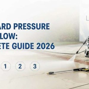 Pressure washer setup beside a driveway with a subtle checklist overlay representing a step-by-step cleaning workflow.