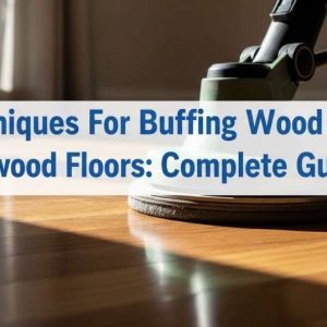 Professional floor buffer machine on hardwood flooring during buffing process.