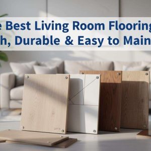 Professional thumbnail image of living room flooring options including LVP, tile, and hardwood, with title overlay for a blog on stylish, durable, and easy-to-maintain choices.