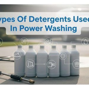 Pressure washing setup with six detergent bottles and a bold title for a professional blog thumbnail.