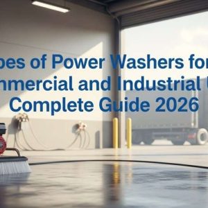Commercial and industrial pressure washer setup with warehouse and equipment background