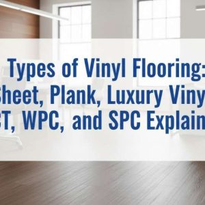 Add a descriptive sentence about the image (e.g., Infographic comparing different types of vinyl flooring, including sheet, plank, luxury vinyl, VCT, WPC, and SPC.)