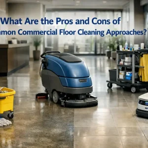 Commercial floor cleaning equipment including a mop, auto scrubber, microfiber tools, and robotic cleaner in a modern business setting.