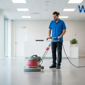 Professional cleaner using a rotary floor buffer on a commercial hard floor with light surface dullness