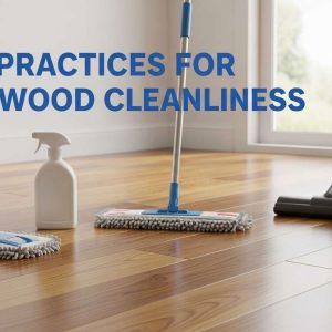 Microfiber mop and hardwood-safe cleaning setup on a polished timber floor in a bright premium interior.