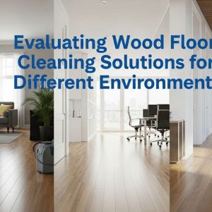 Professional blog thumbnail showing wood floor cleaning solutions across home, office, and commercial environments.