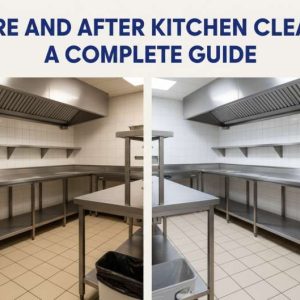 Split view of a commercial kitchen showing before and after deep cleaning with brighter stainless surfaces and cleaner tile floors.
