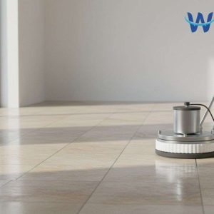 Stone and tile floor restoration methods thumbnail showing a realistic restored hard floor with grout lines, restoration machine, microfiber pad, and professional cleaning tools in a modern interior.