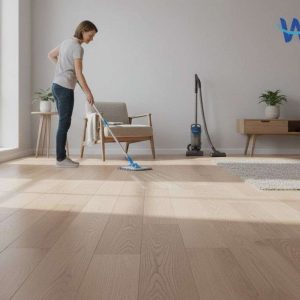 Person cleaning hardwood floors with a microfiber mop in a bright modern home