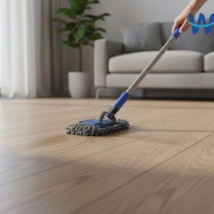Microfiber mop cleaning vinyl plank flooring in a bright modern interior