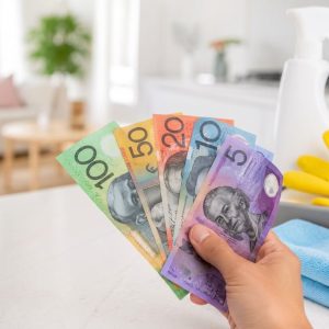 Hand holding Australian dollar notes beside cleaning supplies in a home kitchen.