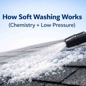 Professional thumbnail illustrating soft washing process with chemistry and low pressure on a roof surface