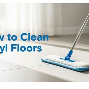 Microfiber mop cleaning vinyl tile floor with pH-neutral solution.