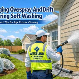 Professional thumbnail image for a comprehensive guide on managing overspray, drift, and runoff in soft washing, featuring controlled spraying on a house with protected surroundings.