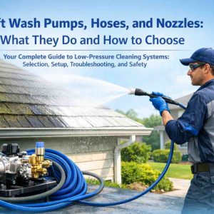 Dynamic hero image of soft washing in action with pumps, hoses, and nozzles, illustrating a guide to low-pressure cleaning equipment.