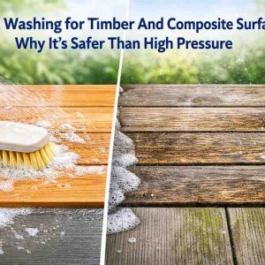 Professional thumbnail image illustrating the safe, low-pressure soft washing techniques for timber and composite surfaces, contrasting with high-pressure risks in a humid Australian setting.