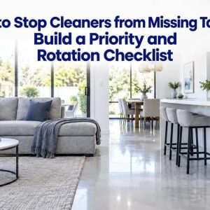 Clean living room and kitchen with a mop and bucket.