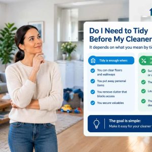 Homeowner preparing a tidy living room before a house cleaner arrives