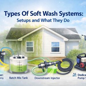 Dynamic hero image montage of soft wash systems transforming a house exterior, with educational icons and clean design.