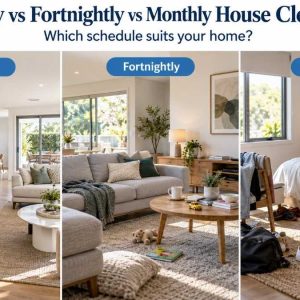 Weekly fortnightly and monthly house cleaning schedule comparison.