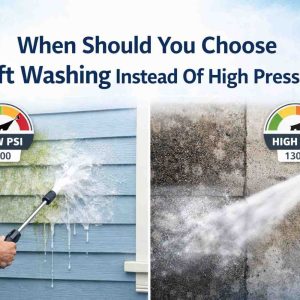 Hero image contrasting soft washing and high-pressure methods on house and concrete surfaces.